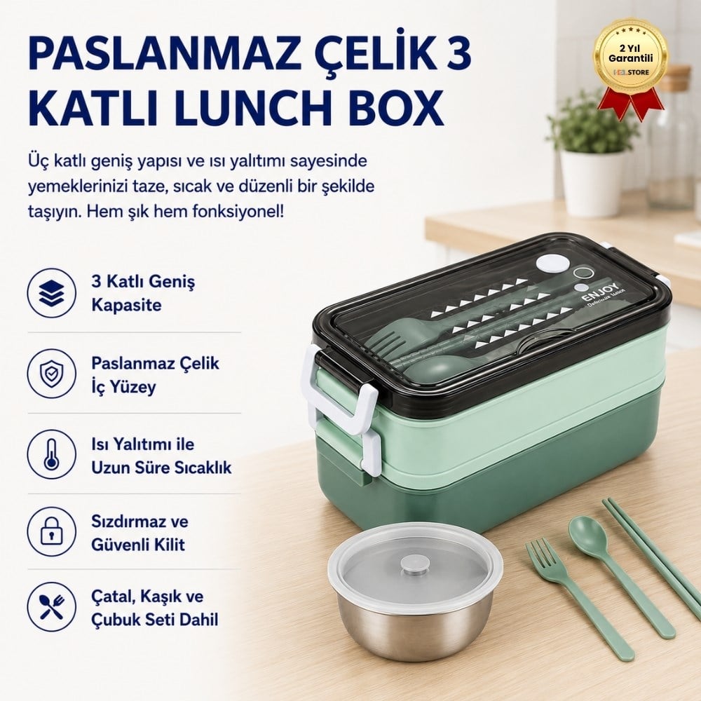 Yeşil Paslanmaz Çelik 3 Katlı Yemek Taşıma Kabı Isı Yalıtımlı Lunch Box