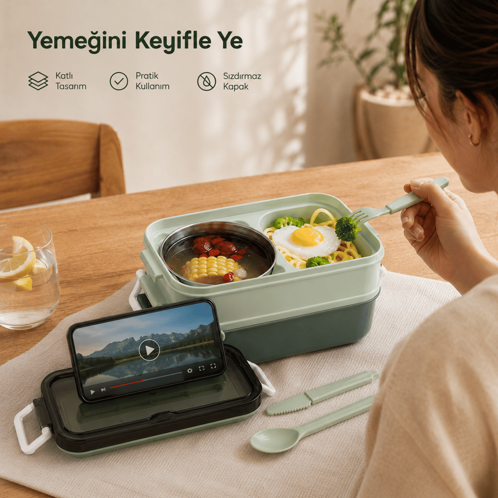 Yeşil Paslanmaz Çelik 3 Katlı Yemek Taşıma Kabı Isı Yalıtımlı Lunch Box