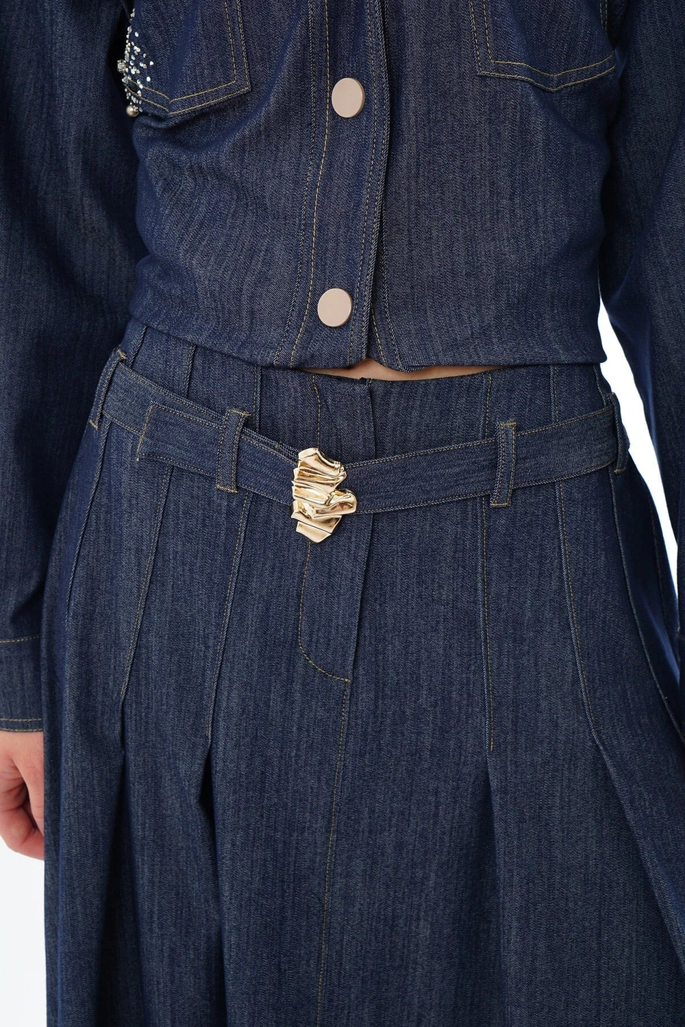 CEREMONY Önden Fermuar ve Pile Detaylı Denim Etek