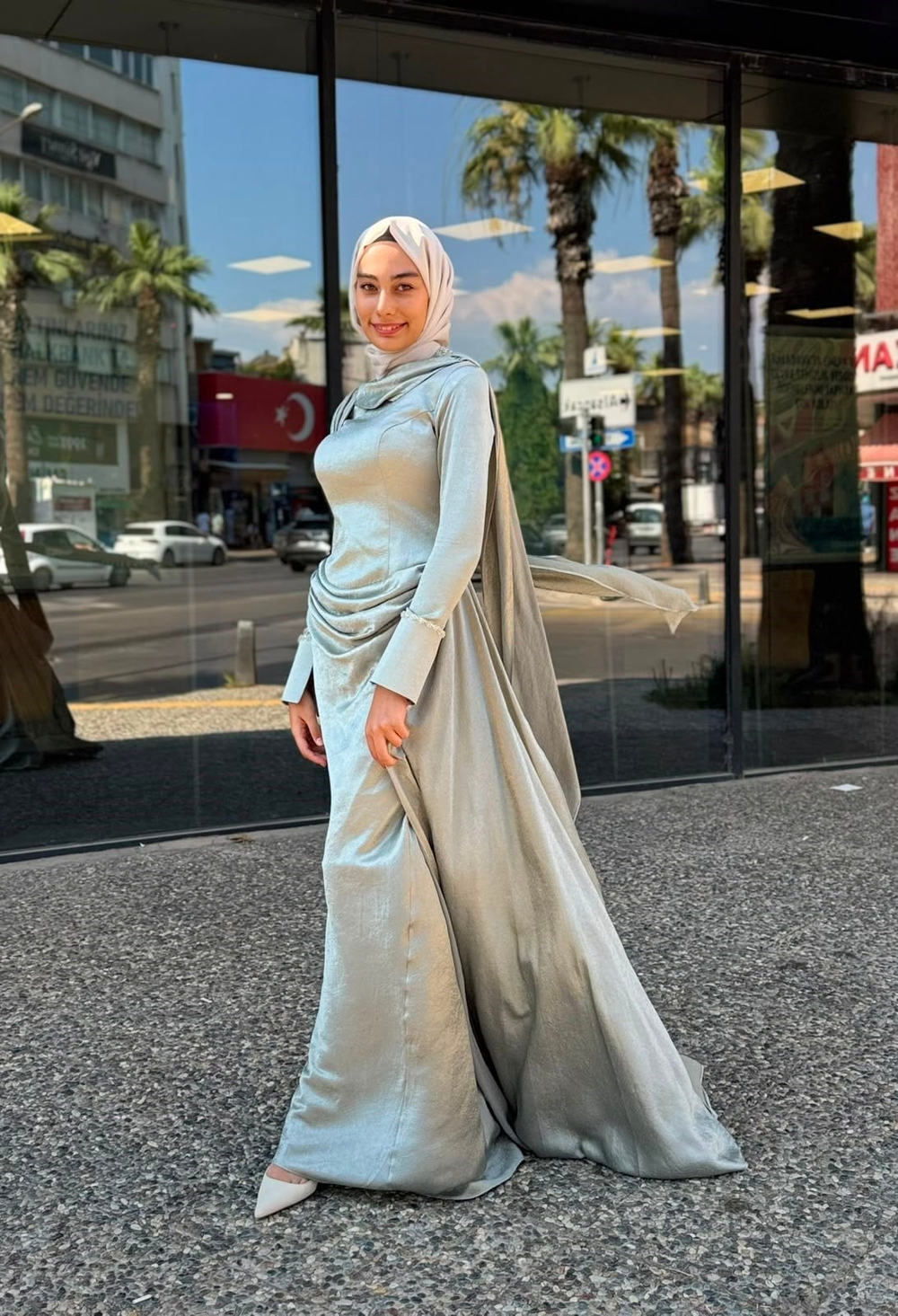 KENZEL Şal Detaylı Drapeli Uzun Kollu Balık Abiye Elbise