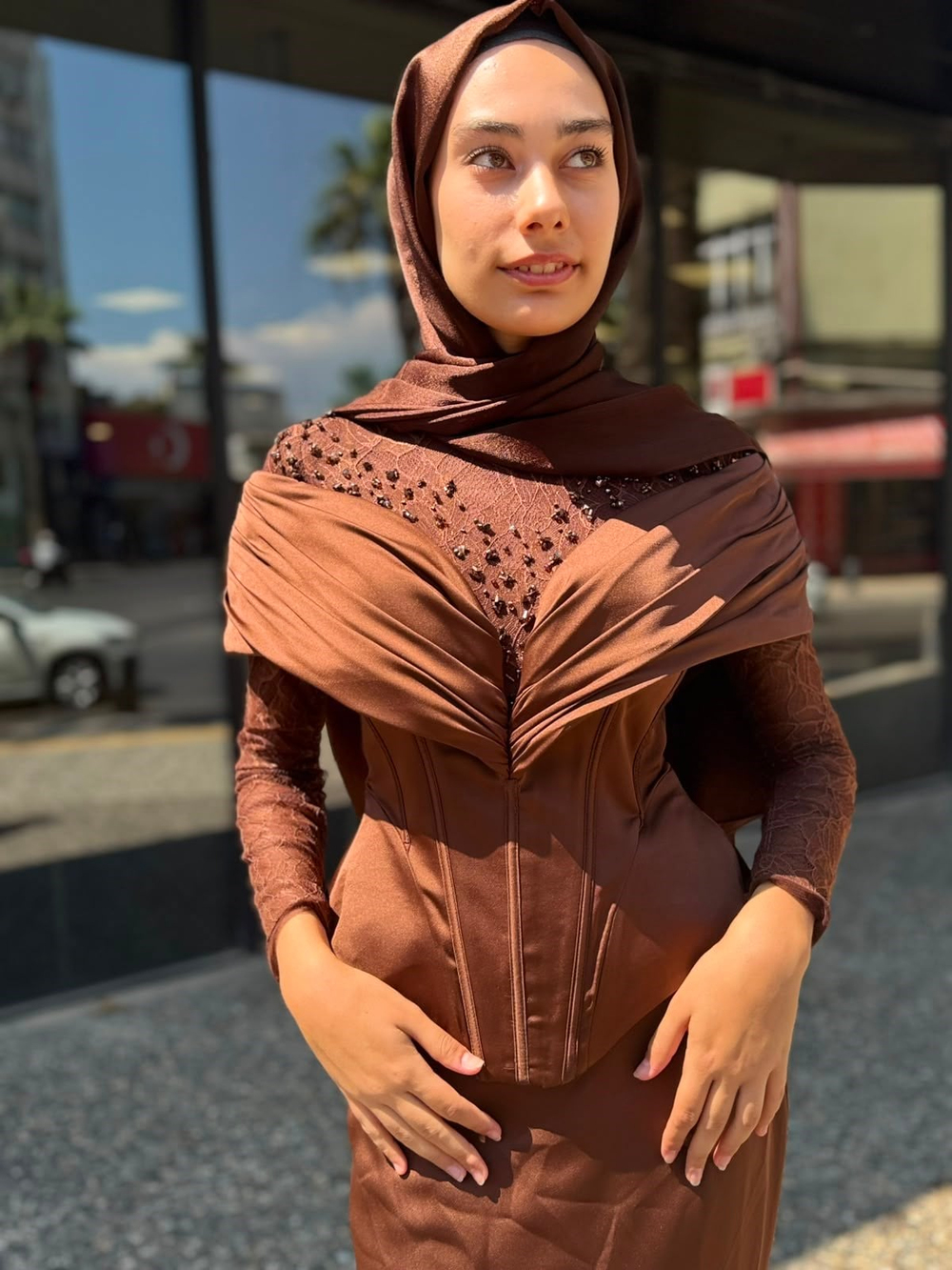 KENZEL Uzun Kollu Taş İşlemeli Drapeli  Abiye