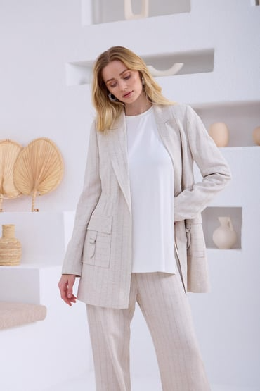Marwa by moodbasic KETEN ÇİZGİLİ BLAZER CEKETLİ TAKIM