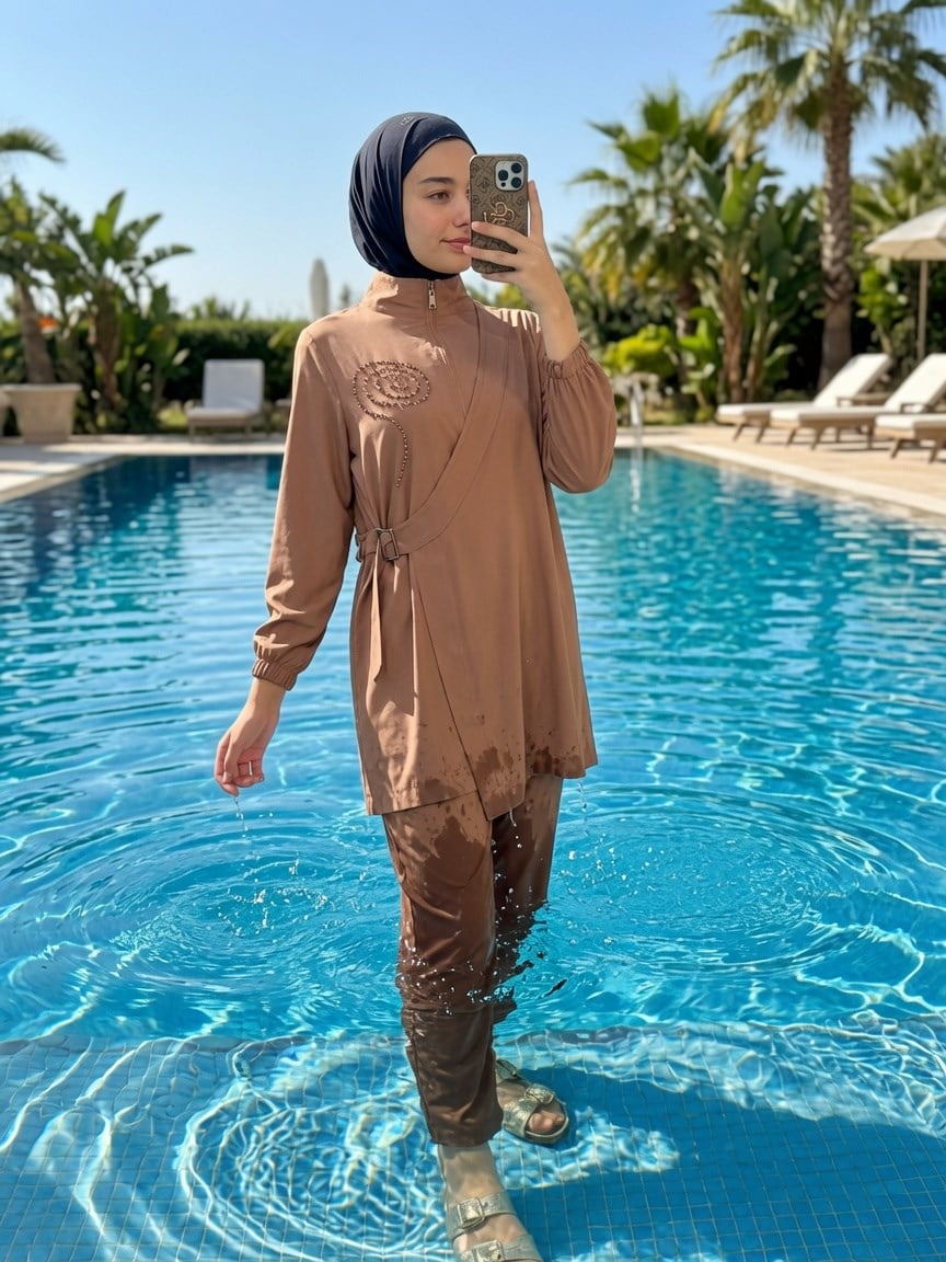 MOODBASİC SWİMWEAR ANVELOP DETAYLI TAŞLI TESETTÜR MAYO