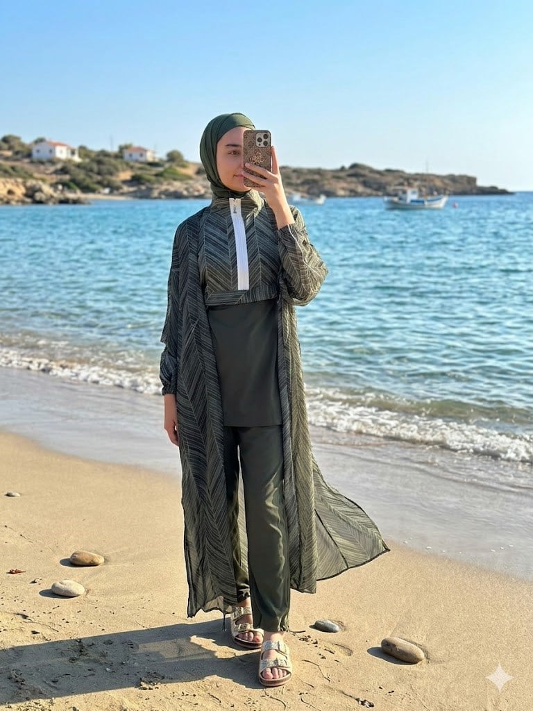 MOODBASİC SWİMWEAR ÇİZGİ DETAYLI PAREOLU TESETTÜR MAYO