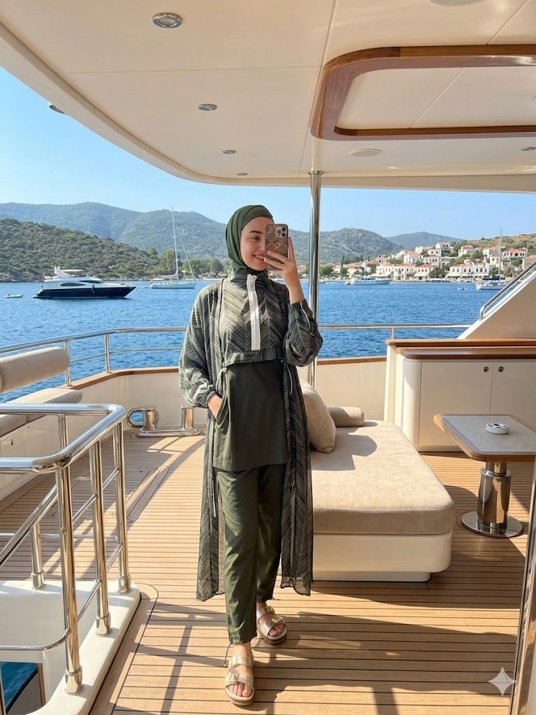 MOODBASİC SWİMWEAR ÇİZGİ DETAYLI PAREOLU TESETTÜR MAYO