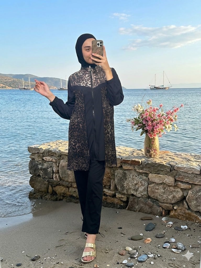 MOODBASİC SWİMWEAR LEOPAR PAYETLİ TÜLLÜ TESETTÜR MAYO