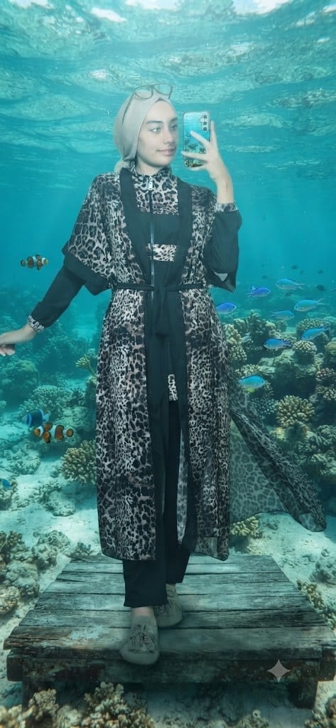 MOODBASİC SWİMWEAR LEOPARLI PAREOLU ÜÇLÜ TESETTÜR MAYO