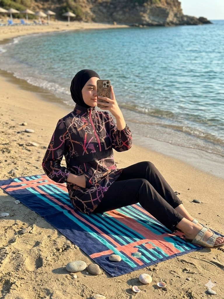MOODBASİC SWİMWEAR PÜSKÜL ZİNCİR DESENLİ TESETTÜR MAYO