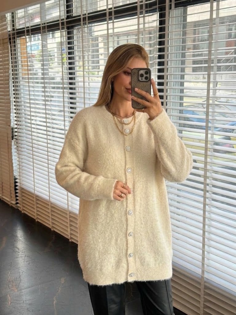 MOODBASİC Taşlı Düğmeli Angora Triko Hırka