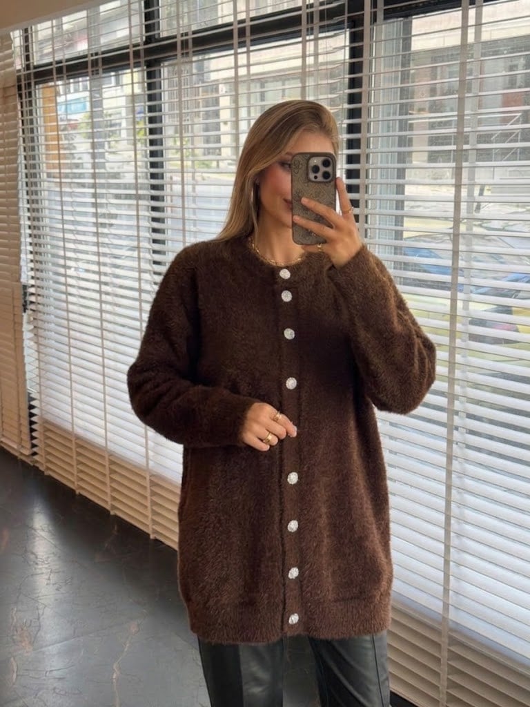 MOODBASİC Taşlı Düğmeli Angora Triko Hırka