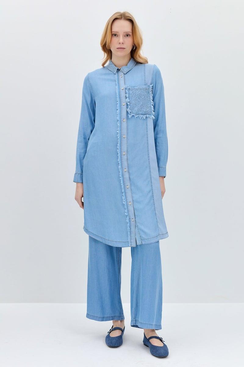 Nihan Yakası ve Cebi Nakışlı Tencel Tunik