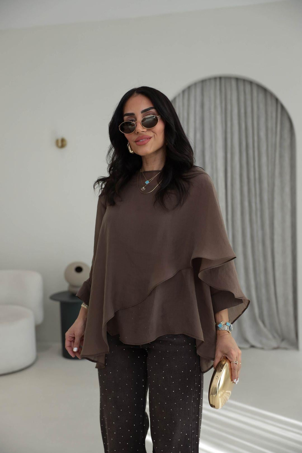5026 Uçuşan Pelerin Bluz KAHVE