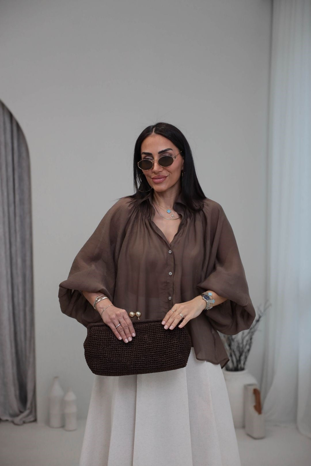 5018 Büzgü Detaylı Tencel Gömlek KAHVE
