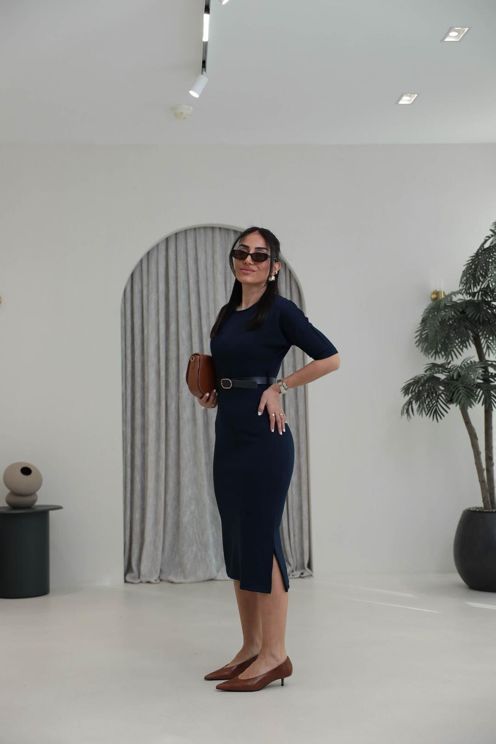 1484 Kemerli Modal Elbise LACİVERT