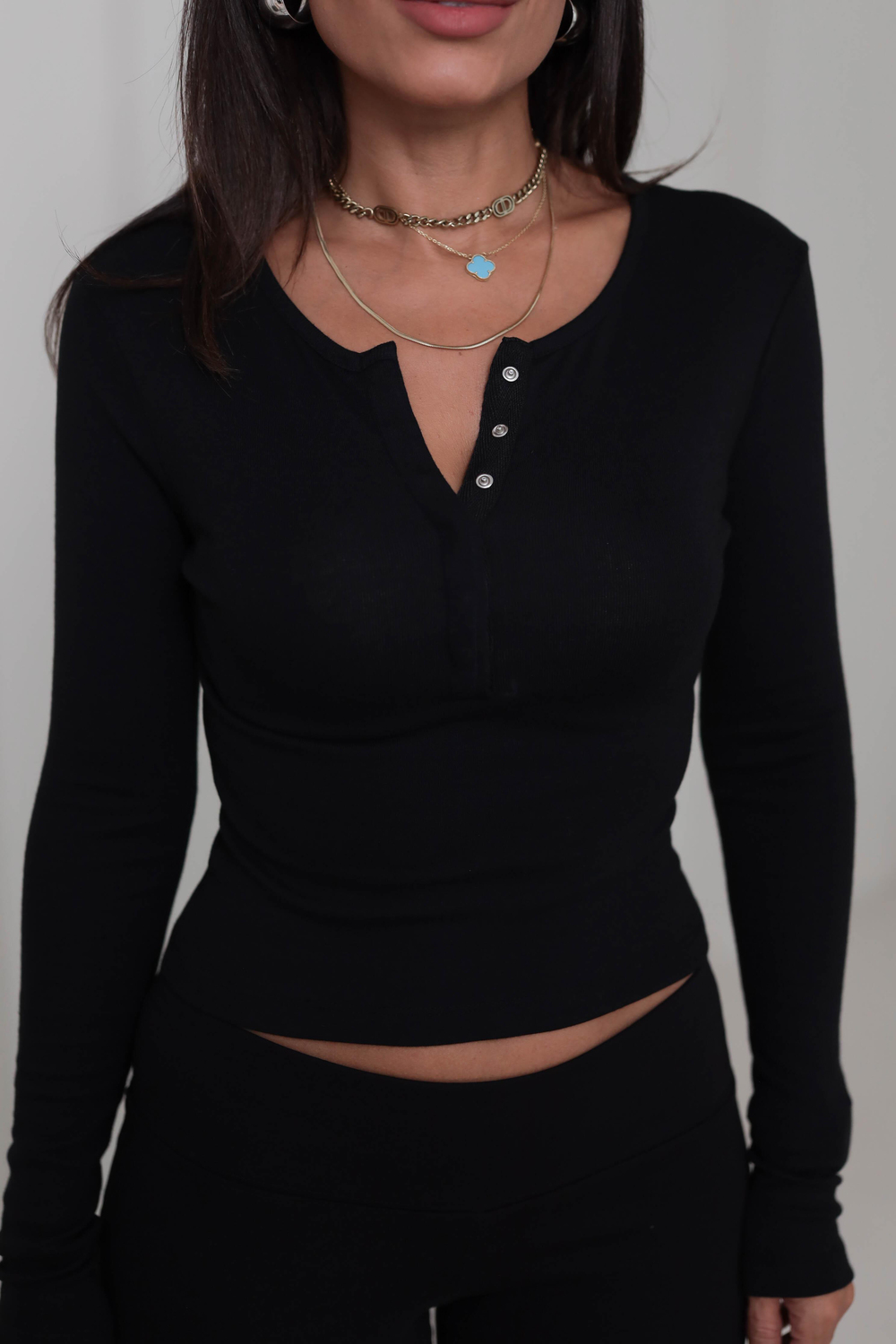 1442 Uzun Kollu Çıtçıt Düğmeli Bluz SİYAH