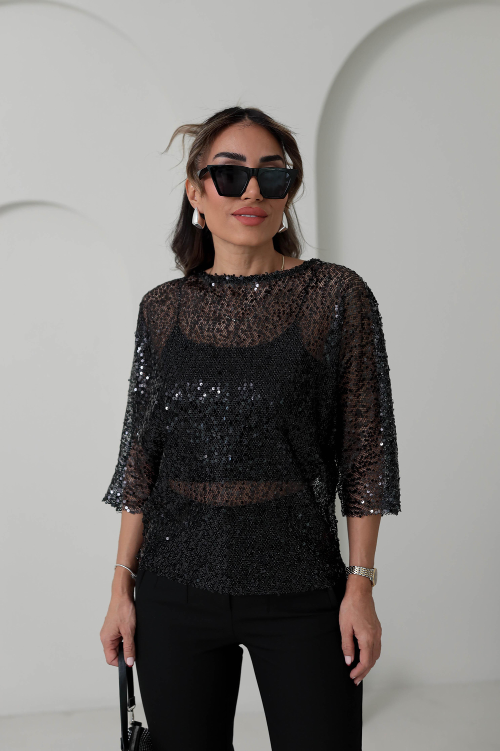 9380 Yarasa Kol Pul Payetli Bluz SİYAH