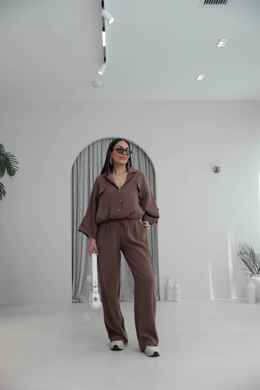 7121 Gold Düğmeli Tencel Kumaş Takım KAHVE
