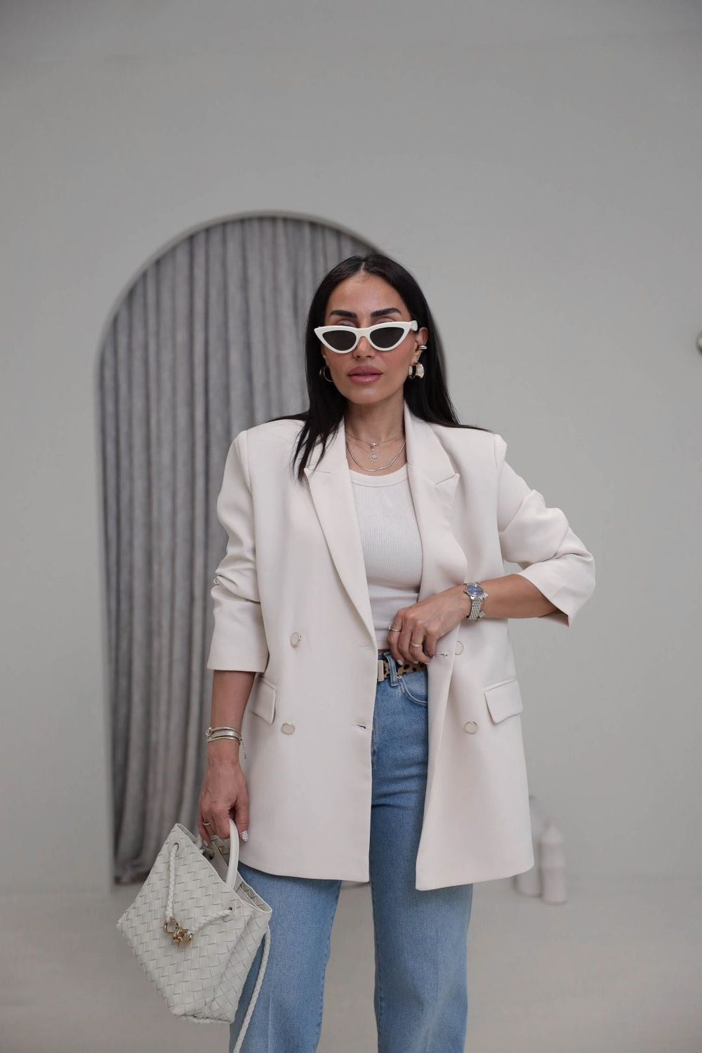 4512 Vatkalı Çift Düğme Detaylı Blazer Ceket KREM