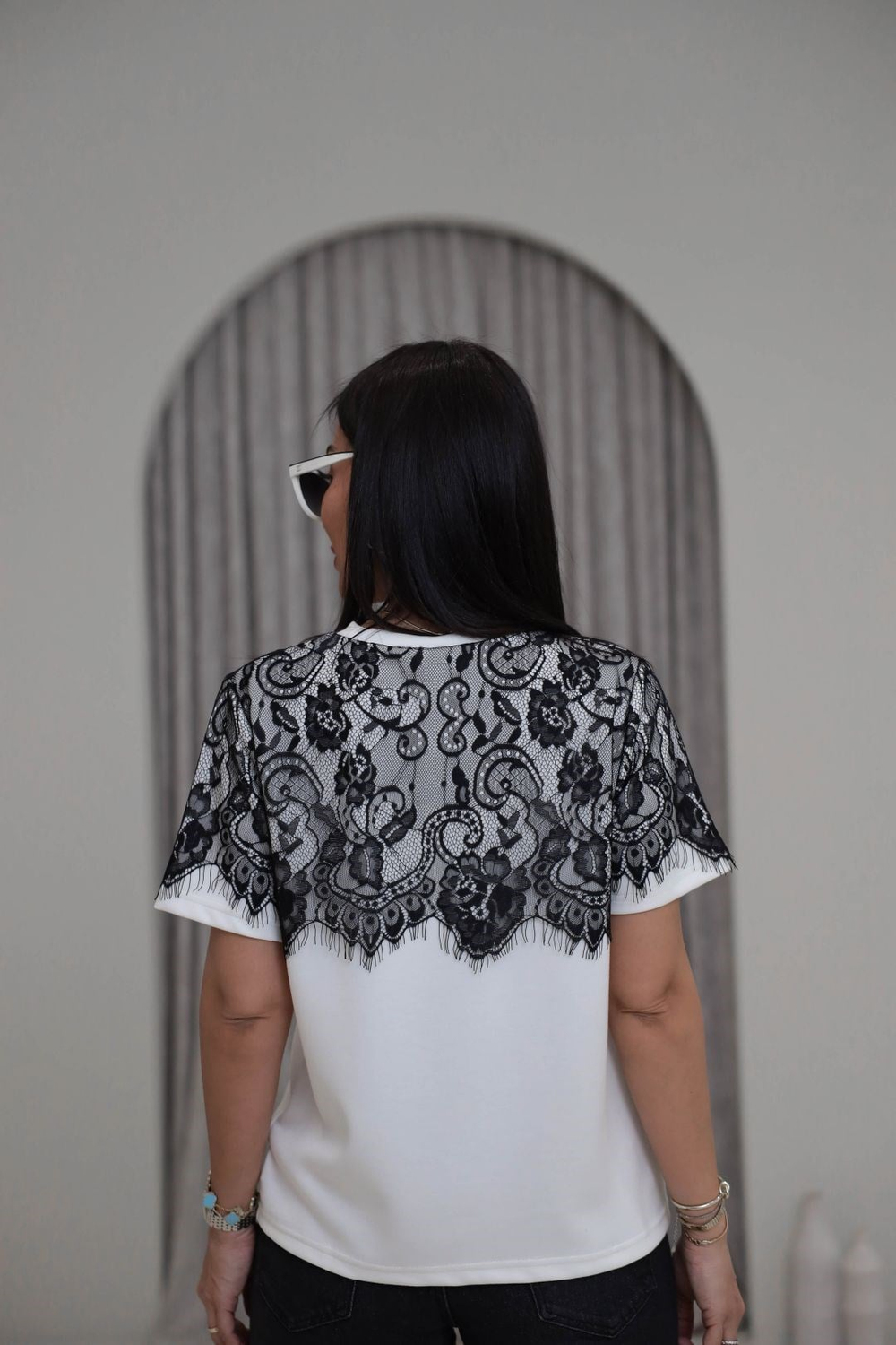 1822 Dantel Garnili Bisiklet Yaka Modal Tshirt EKRU