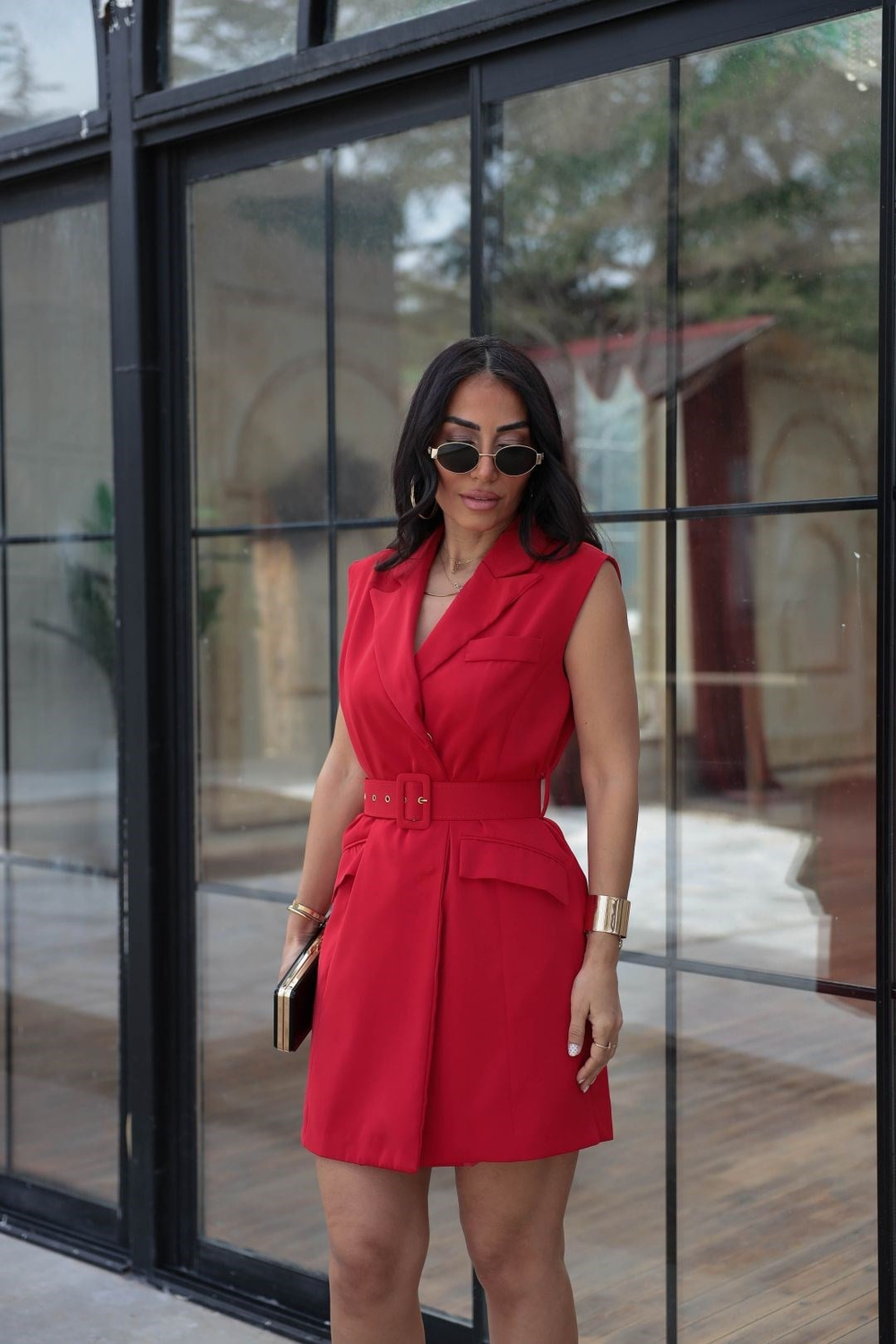 7281 Beli Kemerli Mini Elbise KIRMIZI