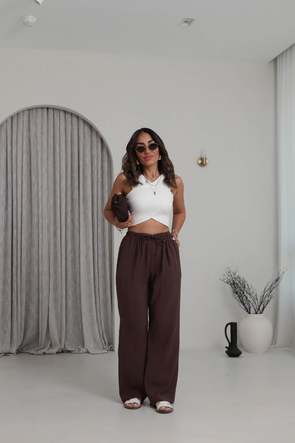 Beli Lastikli Bağcıklı Tencel Pantolon KAHVE