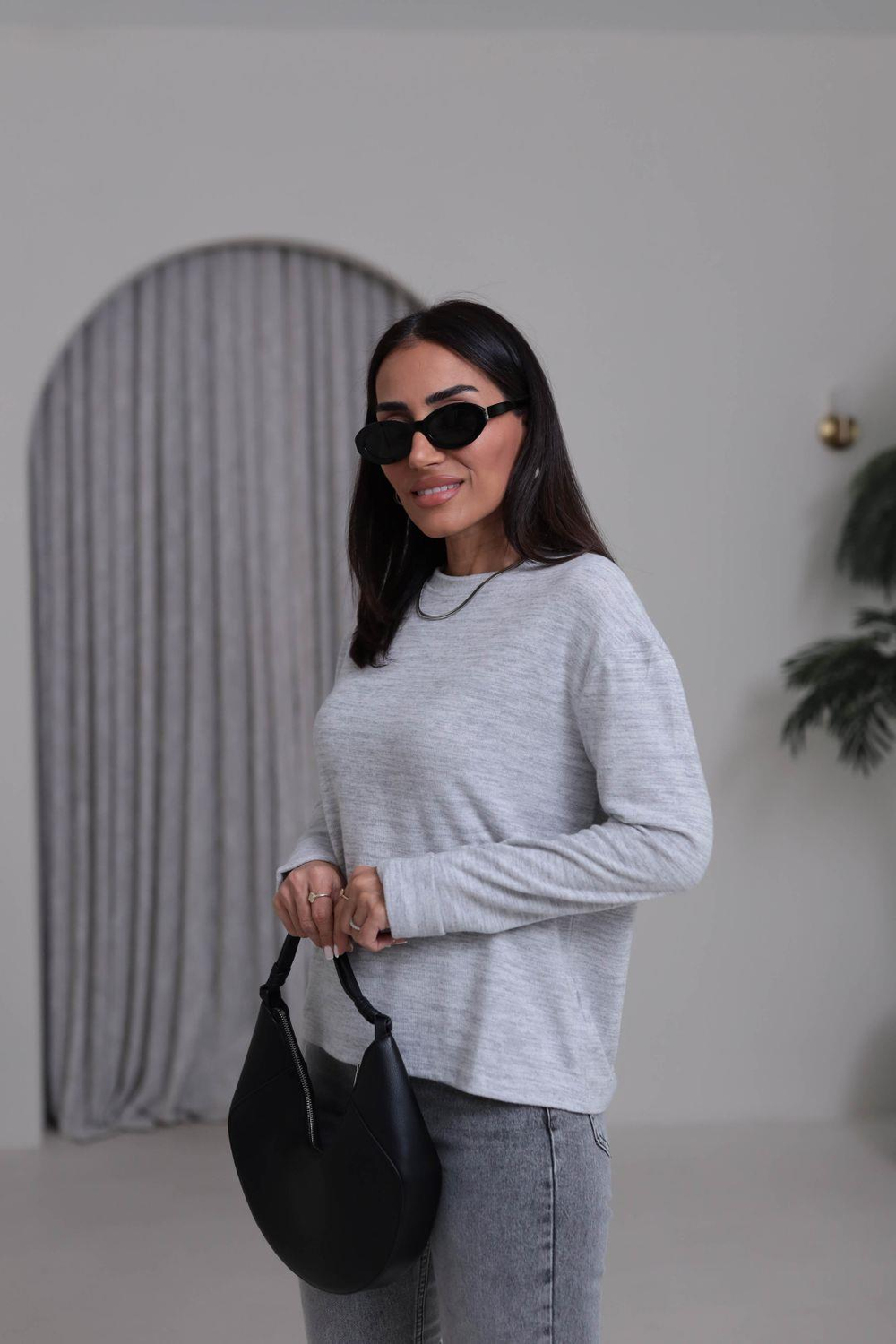 5249 Double Kol Bisiklet Yaka Yumoş Bluz GRİ