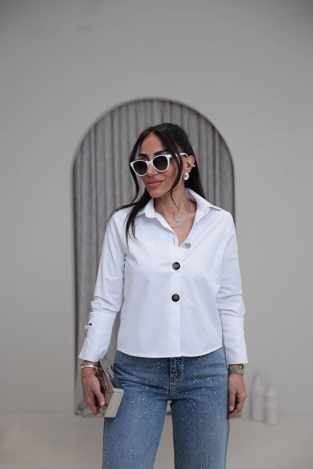 7029 Düğme ve Kol Aksesuarlı Poplin Gömlek BEYAZ