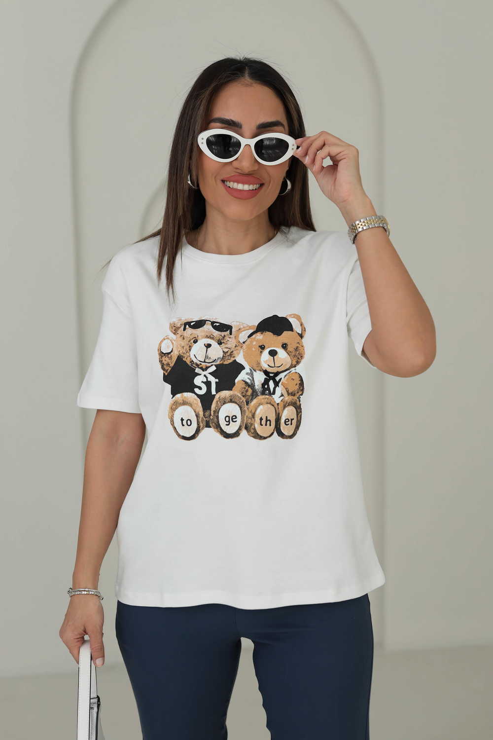 7878 Tedy Baskılı Bisiklet Yaka Tshirt BEYAZ