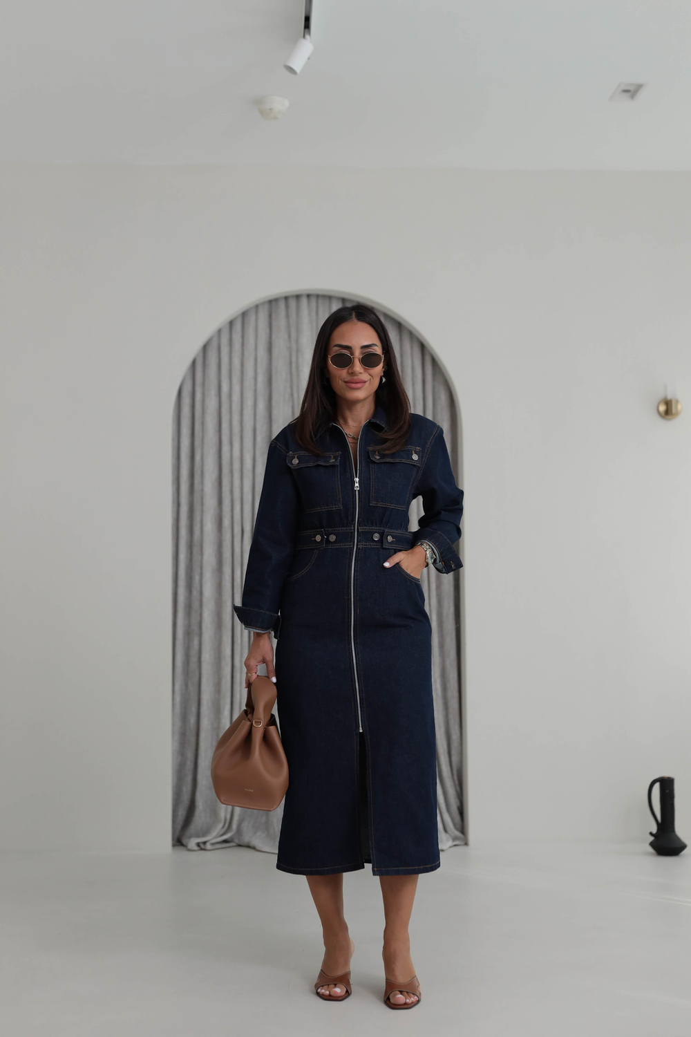 9279 Bel Gipeli Cep Detaylı Fermuarlı Jean Elbise LACİVERT