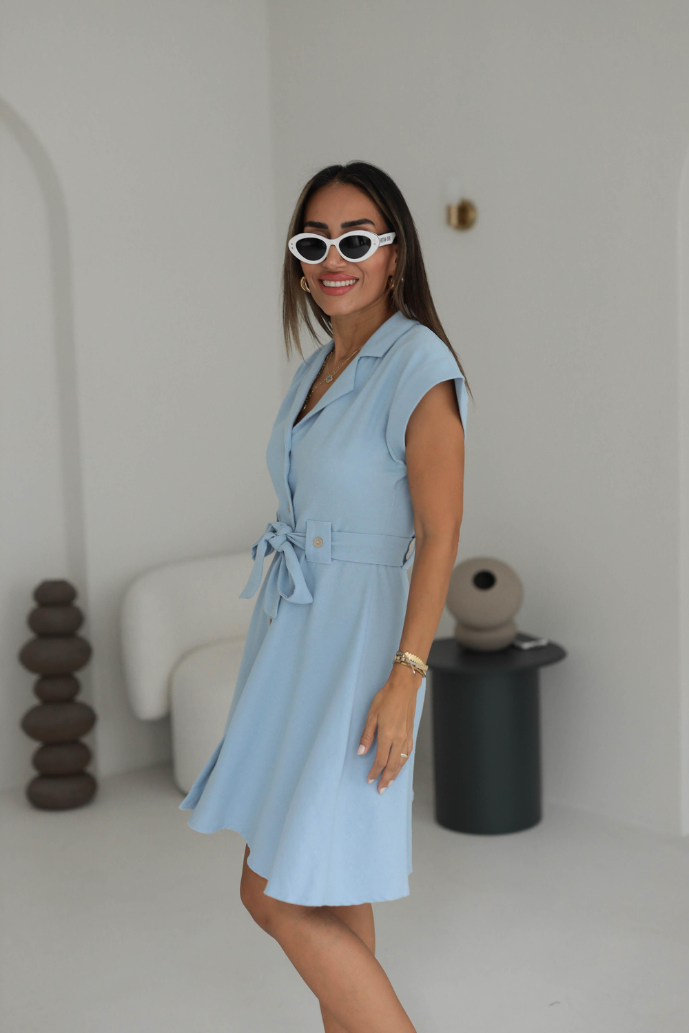 5953 Bel Kuşaklı ve Düğmeli Keten Kloş Elbise