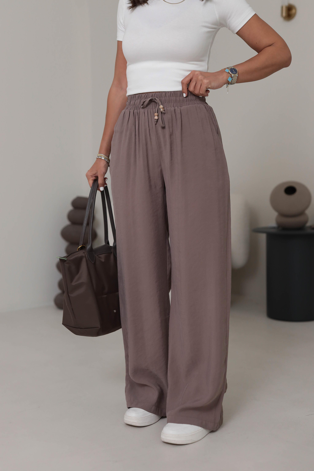 0253 Bel Lastikli Tencel Rahat Pantolon KAHVE