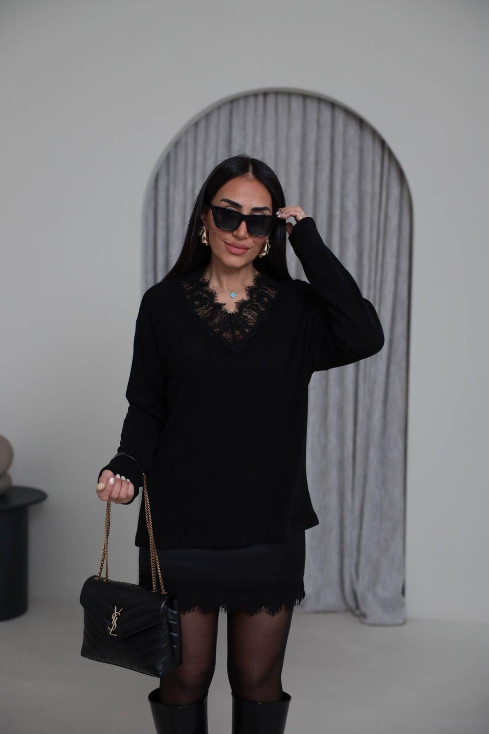 7296 V Yaka Dantelli Triko Kazak SİYAH