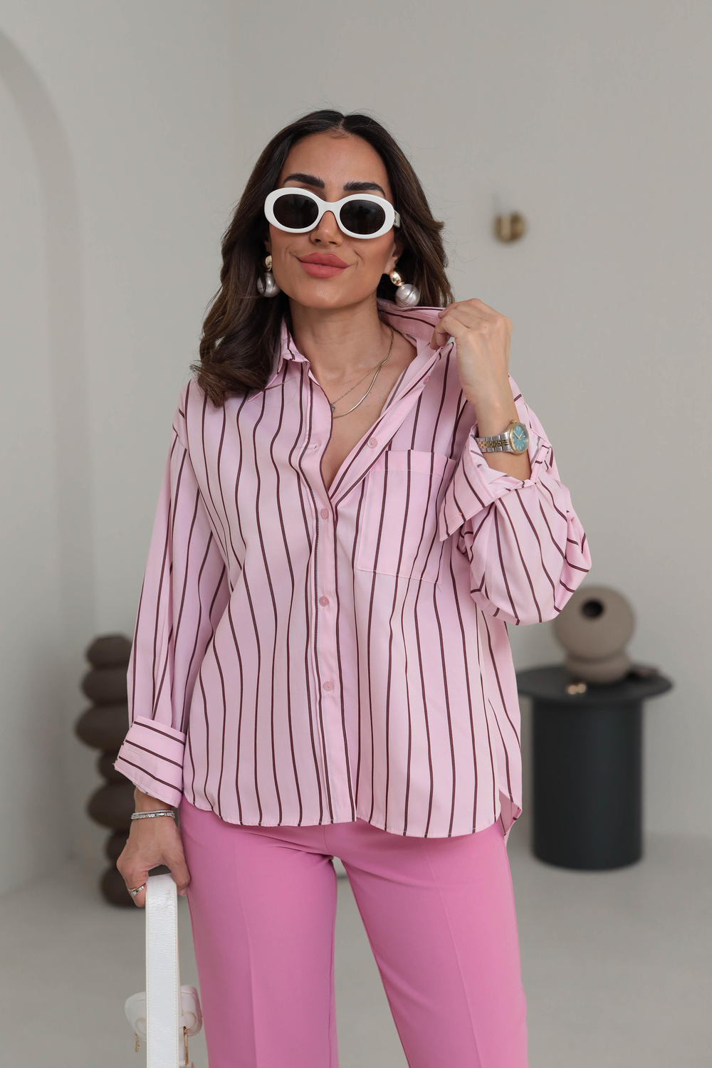 3142 Çizgili Cep Detaylı Poplin Gömlek PEMBE