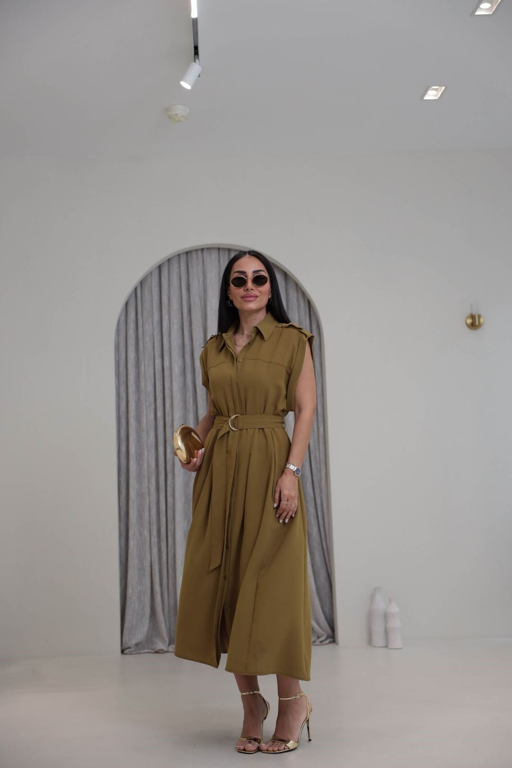 3925 Düğmeli Kuşaklı Gömlek Elbise OLİVE