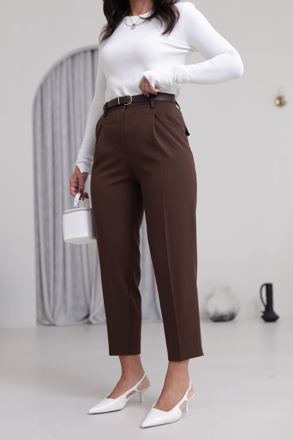 2166 Kemerli Havuç Fit Pantolon KAHVE