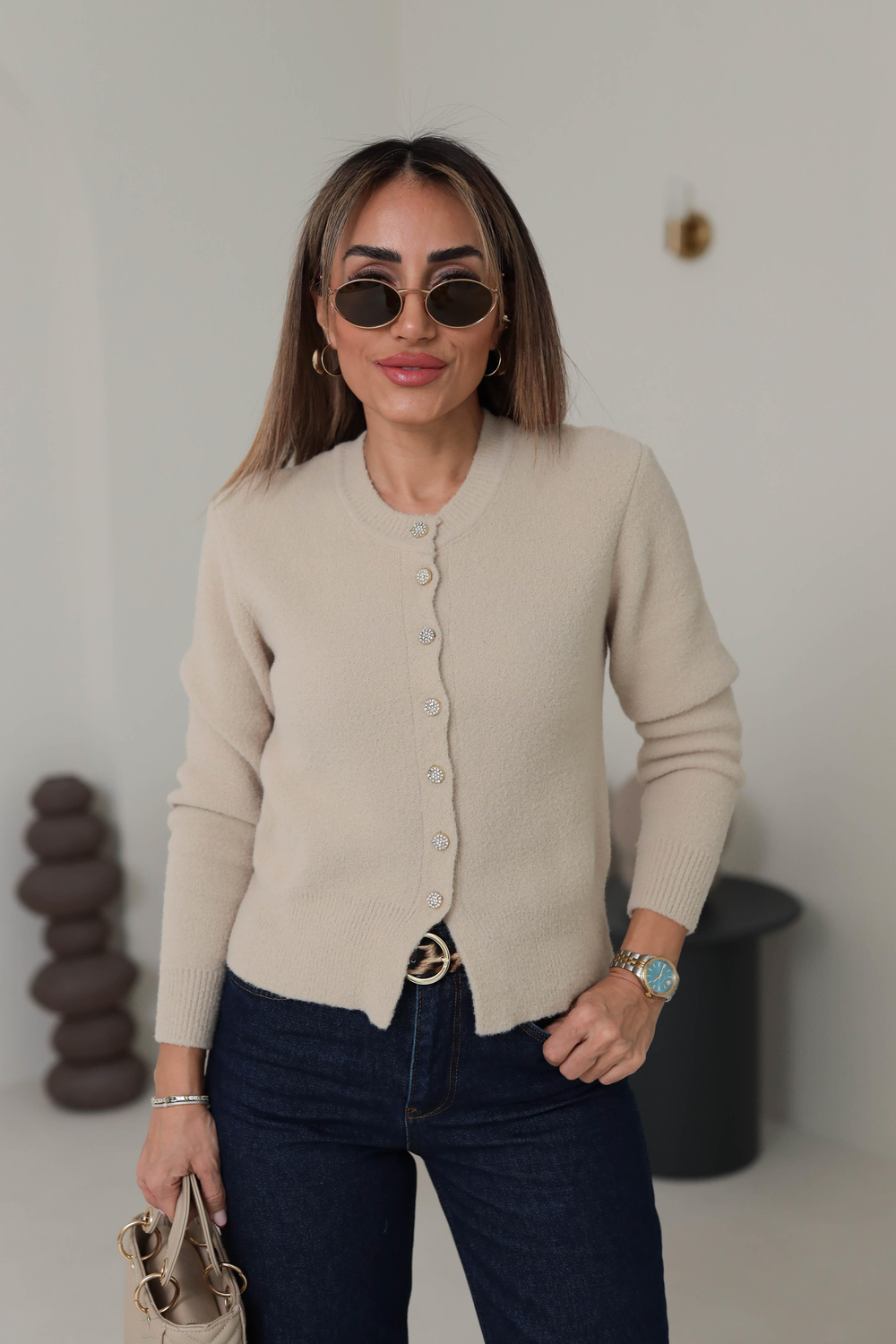 2436 Bisiklet Yaka Taş Düğmeli Yumoş Hırka BEJ