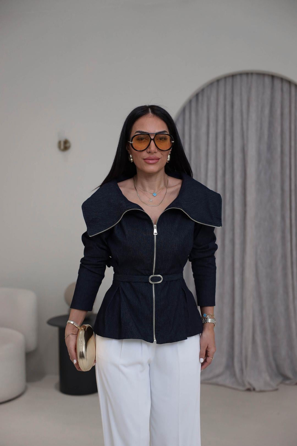 7729 Gömlek Yaka Fermuarlı Kot Bluz LACİVERT