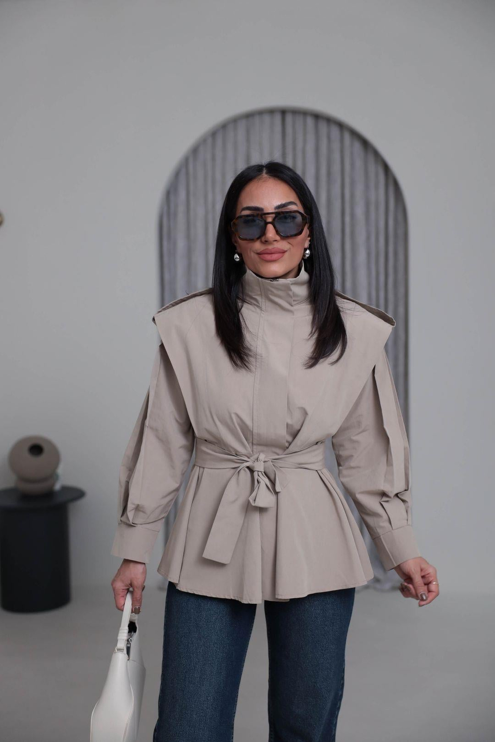 7623 Dik Yaka Geniş Omuz Kuşaklı Trençkot HAKİ YEŞİL