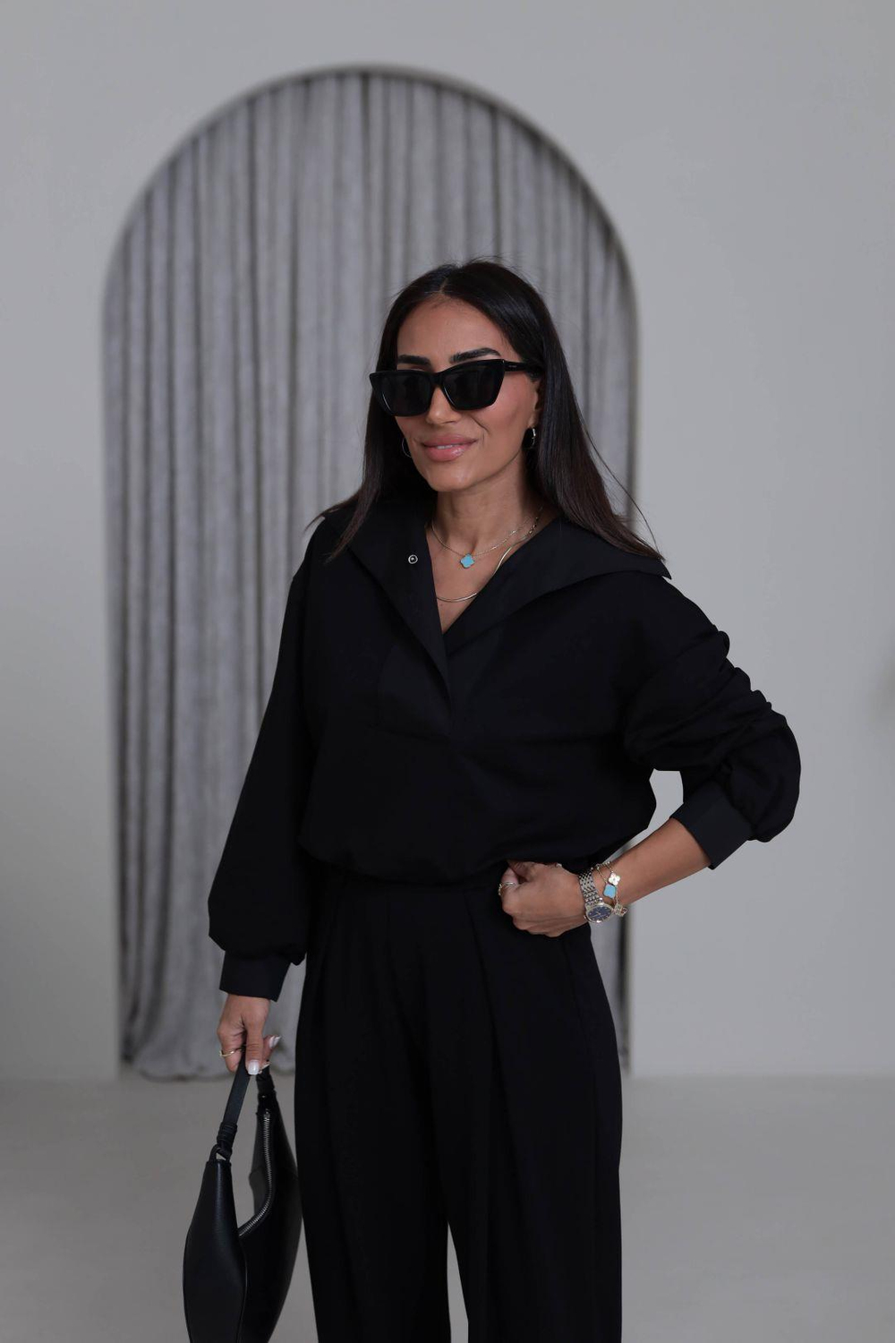 6720 Poplin Yaka Altı Lastikli Sweatshirt SİYAH