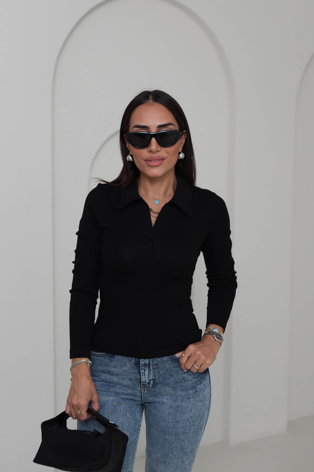 0626 Polo Yaka Uzun Kol Likralı Bluz SİYAH