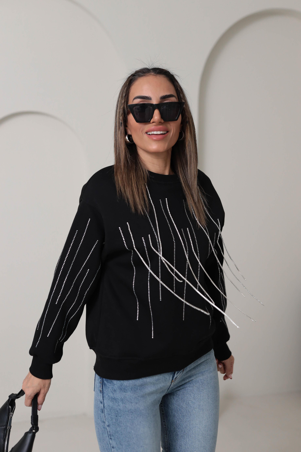 5653 Taş Zincir Detaylı Şardonlu Sweatshirt SİYAH