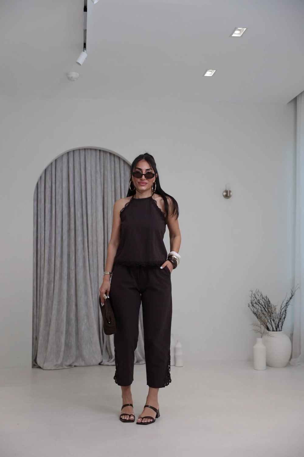 7412 Halter Yaka Dantel Garnili Keten Takım ACI KAHVE