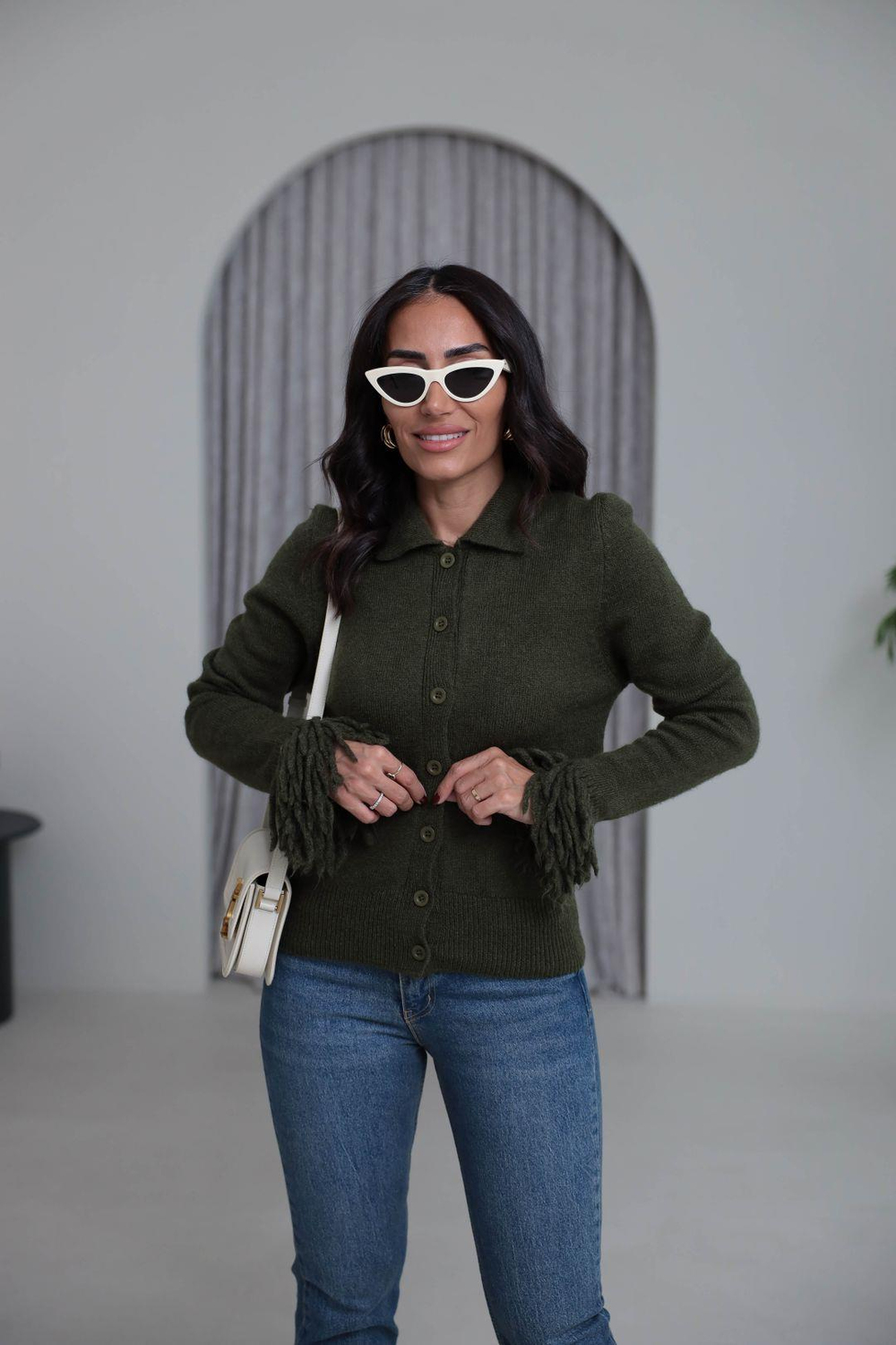 0162 Kolu Püsküllü Polo Yaka Hırka YEŞİL