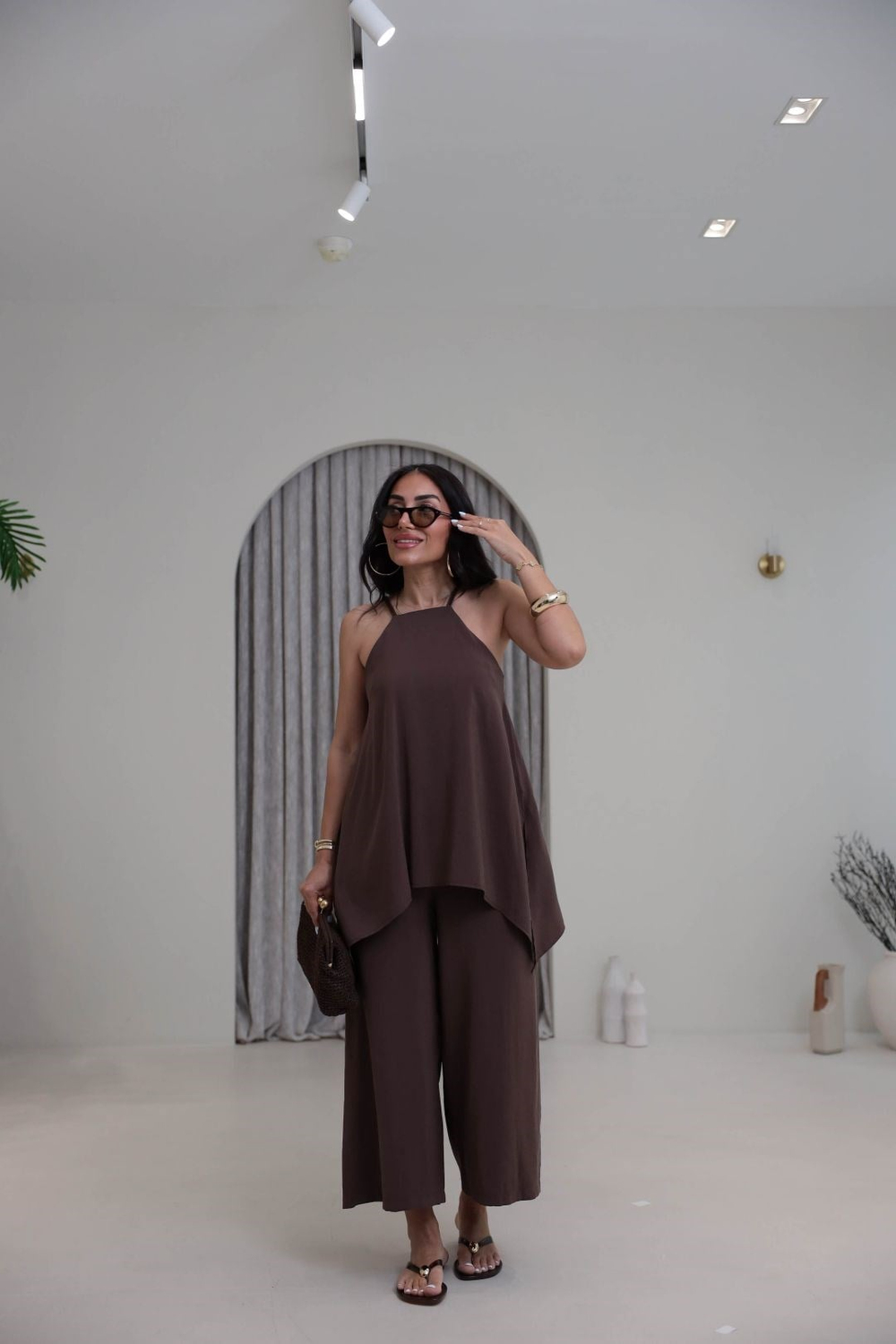 Deri Örgü Askılı Asimetrik Kesim Tencel Tulum KAHVE
