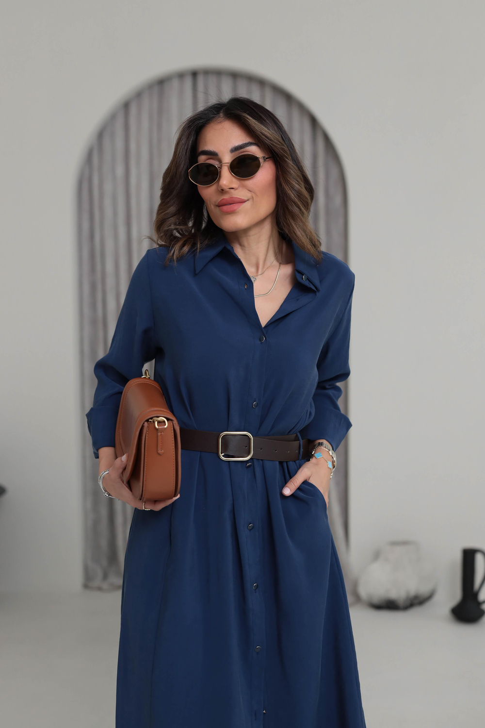0286 Gold Düğmeli Tencel Gömlek Elbise LACİVERT