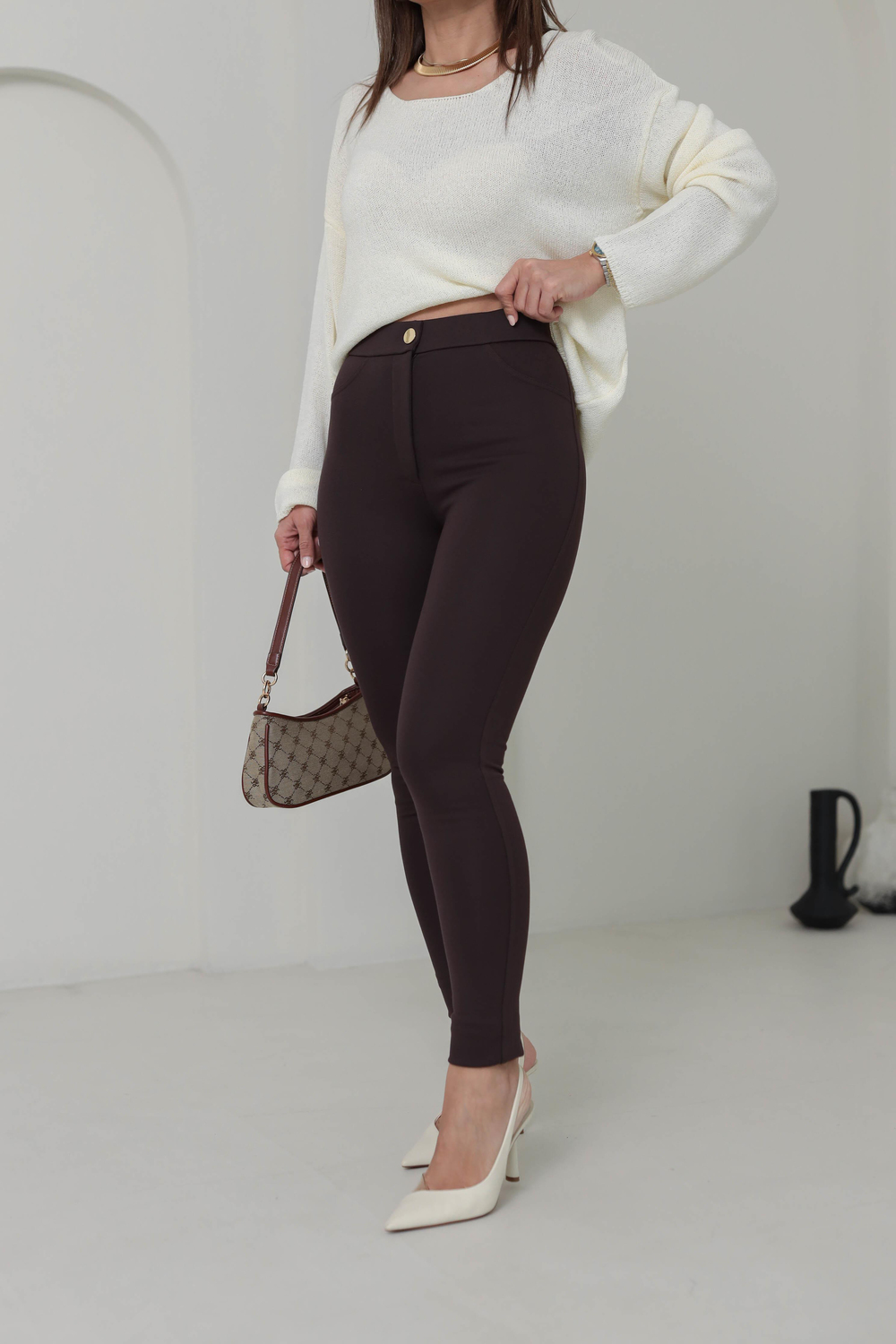 5121 Gold Düğme Detaylı Tayt Pantolon KAHVE