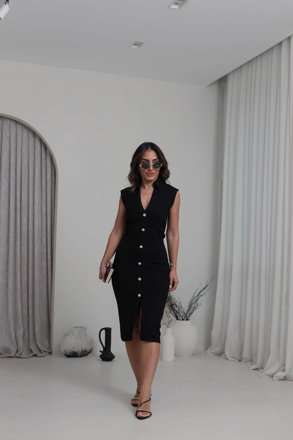 6792 Polo Yaka Gold Düğmeli Drapeli Çelik Örme Elbise SİYAH
