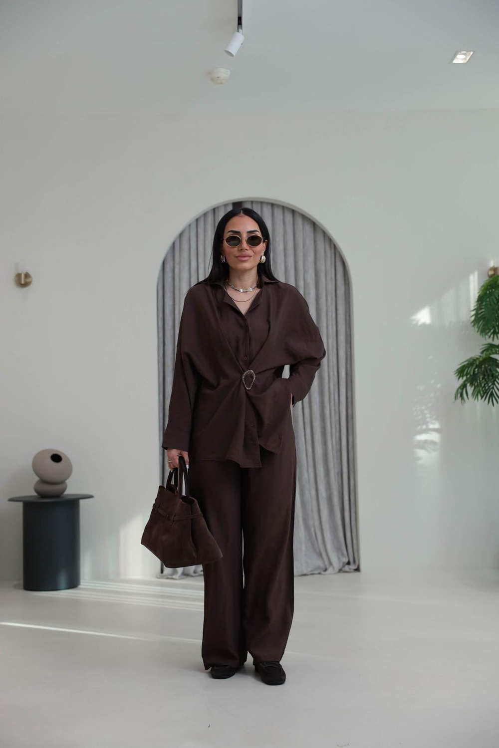 7091 Broş Detaylı Gömlek Pantolon Takım KAHVE