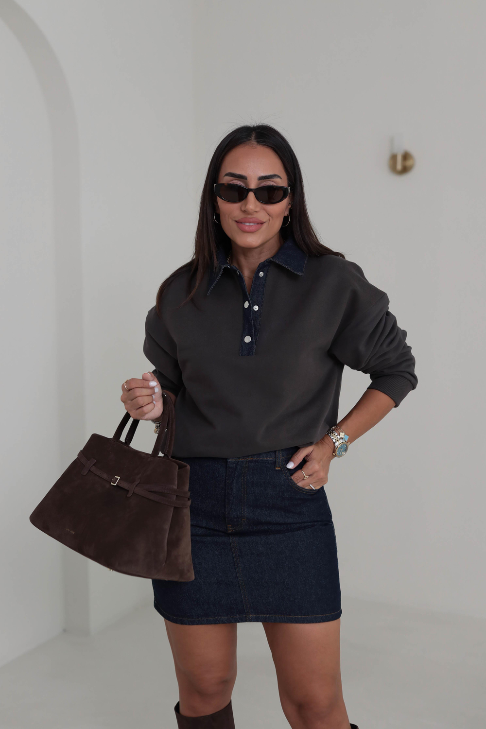 0178 Denim Yaka Tasarım Sweatshirt KAHVE