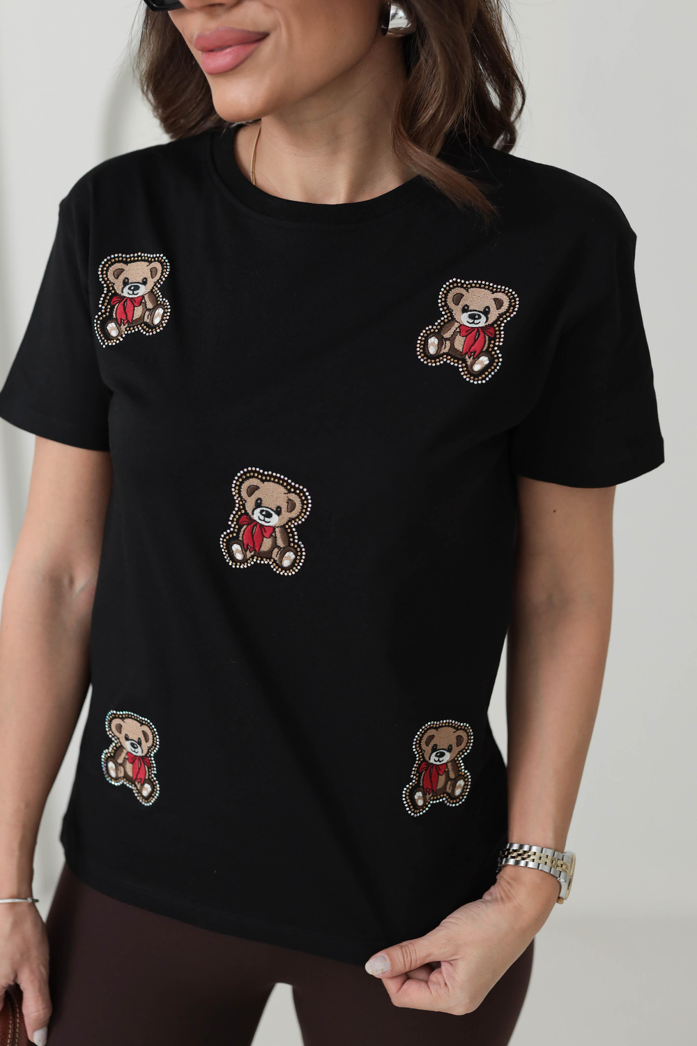7065 Ayıcıklı Taşlı Pamuklu Tshirt SİYAH